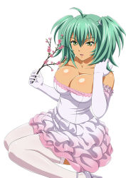 Rule 34 | 1girl, ahoge, alternate costume, aqua hair, bare shoulders, blush, breasts, cleavage, collarbone, dark-skinned female, dark skin, dress, elbow gloves, eyebrows hidden by hair, female focus, gloves, green eyes, hair between eyes, hands up, high heels, ikkitousen, large breasts, legs, looking at viewer, open mouth, ryofu housen, short hair, simple background, sitting, smile, solo, strapless, strapless dress, thighhighs, twintails, wariza, white background, white dress, white gloves, white thighhighs