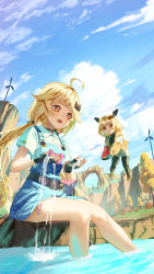 Rule 34 | 2girls, :d, absurdres, ahoge, arch, bandaid, bandaid on leg, black footwear, blonde hair, blue sky, bodysuit, boots, brown eyes, character request, cloud, cloudy sky, collared shirt, commentary request, day, dress shirt, food, fruit, hair flaps, hair ornament, hairclip, headgear, highres, holding, holding food, jacket, long hair, looking away, low twintails, mi-a (tower of fantasy), mini person, minigirl, multiple girls, open clothes, open jacket, open mouth, outdoors, overall skirt, popsicle, saraki, shirli (tower of fantasy), shirt, short sleeves, sitting, sky, smile, soaking feet, tower of fantasy, twintails, very long hair, water, watermelon, watermelon bar, watermelon slice, white bodysuit, white shirt, wind turbine, windmill, yellow jacket