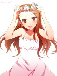 Rule 34 | 1girl, brown eyes, brown hair, collarbone, dress, head wreath, idolmaster, idolmaster (classic), long hair, looking at viewer, minase iori, ookami maito, open mouth, signature, simple background, solo, sundress, white background, white dress