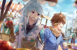 Rule 34 | 10s, 2boys, bag, bird, bishounen, boat, brown hair, day, earrings, feather earrings, feathers, food, fruit, gloves, green eyes, highres, holding, holding food, holding fruit, jewelry, long hair, long sleeves, looking at another, male focus, market, mikleo (tales), multiple boys, ocean, official alternate costume, open mouth, outdoors, purple eyes, qitoli, seagull, sorey (tales), standing, sword, tales of (series), tales of zestiria, watercraft, weapon