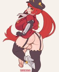 Rule 34 | 1futa, arm armor, artist name, ass, black garter straps, black hat, black thighhighs, blush, bottomless, breasts, commentary, cowboy shot, english commentary, from behind, futanari, garter straps, grey footwear, grin, hat, heterochromia, high heels, highres, huge ass, huge breasts, large penis, leg up, long hair, looking at viewer, multicolored hair, original, penis, ponytail, red hair, sandcasks, sidelocks, simple background, smile, solo, testicles, thick thighs, thighhighs, thighs, uncensored, very long hair, white background