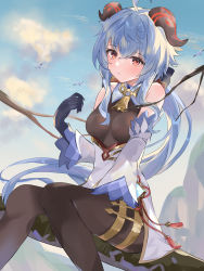 Rule 34 | 1girl, absurdres, ahoge, bare shoulders, bell, blue gloves, blue hair, breasts, brown pantyhose, chinese knot, detached sleeves, flower knot, gabuchi, ganyu (genshin impact), genshin impact, gloves, gold trim, highres, horns, in tree, long hair, looking at viewer, medium breasts, neck bell, outdoors, pantyhose, parted lips, purple eyes, sidelocks, sitting, sitting in tree, solo, tassel, thighlet, tree, white sleeves