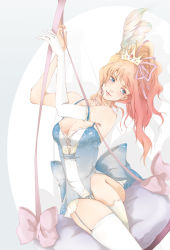Rule 34 | 00s, 1girl, blonde hair, blue eyes, breasts, cleavage, crown, earrings, feathers, frills, gloves, heerin, jewelry, large breasts, lipstick, macross, macross frontier, makeup, ponytail, ribbon, sheryl nome, single earring, single glove, solo, thighhighs, tiara, white thighhighs