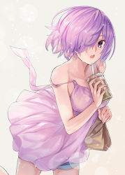 Rule 34 | 1girl, alternate costume, bubble tea, denim, denim shorts, dress, drink, from above, hair over one eye, highres, holding, holding drink, looking to the side, mash kyrielight, ohland, one eye covered, open mouth, original, purple dress, purple eyes, purple hair, shorts, solo, strap slip