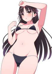 Rule 34 | 1girl, alternate costume, arm above head, arm up, bikini, black bikini, black hair, blush, breasts, cafe stella to shinigami no chou, commentary, cowboy shot, curvy, eyes visible through hair, flower, from below, gluteal fold, groin, hair flower, hair ornament, hair ribbon, hairclip, halterneck, hand up, long hair, looking at viewer, looking down, medium breasts, mole, mole under eye, navel, parted bangs, parted lips, pink ribbon, ribbon, shiki natsume, simple background, solo, standing, stomach, straight hair, swimsuit, very long hair, white background, white flower, yellow eyes, zlmh7okwwbmghfo