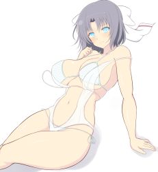 Rule 34 | 10s, 1girl, bare shoulders, blue eyes, blush, bow, breasts, cleavage, collarbone, huge breasts, large breasts, looking at viewer, navel, noeomi, senran kagura, short hair, simple background, solo, swimsuit, underboob, white background, yumi (senran kagura)
