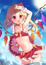 Rule 34 | 1girl, :d, arm up, bikini, blonde hair, blue sky, bow, buoy, chisiro unya (unya draw), cloud, cowboy shot, crystal, fang, flandre scarlet, heart, holding, holding swim ring, innertube, navel, one side up, open mouth, outdoors, partially submerged, red bikini, red eyes, sky, smile, solo, standing, swim ring, swimsuit, touhou, wings, wrist cuffs, yellow bow