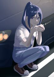 Rule 34 | 1girl, blue hair, blue pants, car, closed mouth, collarbone, commentary, commentary request, highres, honda, honda s2000, long hair, looking at viewer, love live!, love live! sunshine!!, matsuura kanan, motor vehicle, pants, ponytail, purple eyes, red footwear, s sho mkrn, shirt, shoes, short sleeves, sidelocks, solo, squatting, white shirt