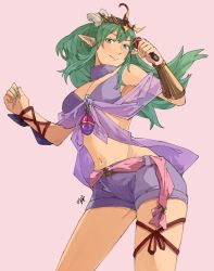 Rule 34 | 1girl, aged up, alternate costume, alternate hairstyle, bare shoulders, belt, bracelet, breasts, cleavage, closed mouth, commentary, cosplay, english commentary, fingernails, fire emblem, fire emblem awakening, floating hair, green eyes, green hair, green nails, hair between eyes, hair ornament, highres, holding, holding microphone, idol, jewelry, large breasts, lips, long hair, looking at viewer, microphone, midriff, nail polish, navel, nintendo, pink background, pink belt, pink lips, pointy ears, purple shorts, sakuremi, short shorts, shorts, sidelocks, signature, simple background, smile, solo, tiara, tiki (adult) (fire emblem), tiki (fire emblem), tokyo mirage sessions fe, x hair ornament