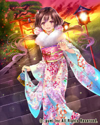 Rule 34 | 1girl, :d, blush, brown hair, cloud, cloudy sky, company name, flower, grass, hair flower, hair ornament, hanekoto, japanese clothes, kimono, lamp, lens flare, long hair, low twintails, obi, open mouth, sash, sky, smile, solo, stairs, standing, torii, tree, twilight, twintails