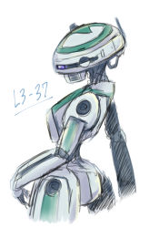 Rule 34 | 1girl, animification, back, cable, character name, cowboy shot, from side, glowing, hand on own thigh, head tilt, ikanomaru, l3-37, legs apart, mechanical arms, mechanical legs, narrow waist, robot, simple background, single mechanical arm, solo, solo: a star wars story, standing, star wars, white background