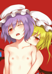 Rule 34 | 2girls, bat wings, biting, black wings, blonde hair, blood, breasts, collarbone, completely nude, d;, fangs, flan (seeyouflan), flandre scarlet, hat, hat ribbon, highres, incest, mob cap, multiple girls, neck biting, nipples, nude, one eye closed, open mouth, purple hair, red background, red eyes, red ribbon, remilia scarlet, ribbon, short hair, siblings, simple background, sisters, small breasts, touhou, upper body, vampire, wince, wings, yuri
