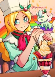 Rule 34 | + +, 1girl, 1jumangoku, apron, banana, banana slice, berry, blonde hair, blue eyes, blue jacket, blue sleeves, blurry, blurry background, bottle, buttons, candy, character request, chef hat, chocolate, chocolate heart, closed mouth, collar, collared jacket, commentary request, cowboy shot, eyelashes, food, fruit, green shirt, hat, heart, highres, holding pipette, icing, indoors, jacket, kirahoshi ciel, kirakira patisserie uniform, kirakira precure a la mode, kiwi (fruit), kiwi slice, leaf, light blush, long hair, looking at food, neckerchief, parfait, pegasus, pocky, precure, puffy short sleeves, puffy sleeves, rainbow, red neckerchief, shirt, short sleeves, simple background, smile, solo, sparkling eyes, star (symbol), starry background, strawberry, strawberry slice, table, twitter username, waist apron, white apron, white collar, white hat