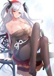 Rule 34 | 1girl, antenna hair, azur lane, bad id, bad pixiv id, belfast (azur lane), belfast (azur lane) (cosplay), belfast (shopping with the head maid) (azur lane), black pantyhose, black skirt, breasts, cosplay, hair between eyes, highres, large breasts, long hair, looking at viewer, mole, mole on breast, multicolored hair, pantyhose, prinz eugen (azur lane), red hair, silver hair, sitting, skirt, solo, sweater, two side up, very long hair, yk (pixiv43531291)