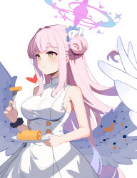 Rule 34 | 1girl, absurdres, blue archive, breasts, cake, dress, eating, food, fork, hair bun, halo, heart, highres, holding, holding fork, holding plate, low wings, medium breasts, mika (blue archive), pink hair, plate, scrunchie, simple background, single side bun, sleeveless, sleeveless dress, smile, solo, standing, swiss roll, tuxingtuxing, white background, wing ornament, wings, wrist scrunchie, yellow eyes