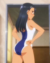 Rule 34 | 1girl, ass, black hair, blue one-piece swimsuit, blush, breasts, brown eyes, dark-skinned female, dark skin, from behind, hair ornament, hairclip, hands on own hips, highres, ijiranaide nagatoro-san, long hair, looking at viewer, looking back, nagatoro hayase, one-piece swimsuit, school swimsuit, screencap, small breasts, smile, stitched, swimsuit, tan, thighs, third-party edit, two-tone swimsuit, white one-piece swimsuit
