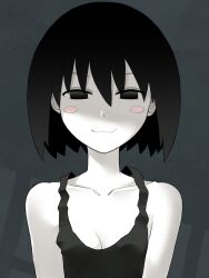 Rule 34 | 1girl, :3, bare shoulders, black eyes, black hair, black tank top, blush, blush stickers, bob cut, breasts, cleavage, closed mouth, collarbone, commentary, empty eyes, grey background, hair between eyes, highres, kikumaru bunta, looking at viewer, loose clothes, loose shirt, monogatari (series), narrowed eyes, naughty face, no bra, oshino ougi, pale skin, portrait, shaded face, shirt, short hair, small breasts, smile, smug, solo, straight-on, tank top