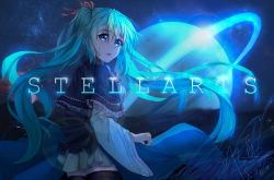 Rule 34 | 1girl, black capelet, black thighhighs, blue eyes, blue hair, capelet, cowboy shot, floating hair, frilled capelet, frills, hair between eyes, hair ribbon, hatsune miku, highres, lens flare, long hair, looking at viewer, looking back, miniskirt, neck ribbon, night, open mouth, outdoors, pink ribbon, pleated skirt, red ribbon, ribbon, skirt, sky, solo, standing, star (sky), starry sky, thighhighs, twintails, user cxmk7438, very long hair, vocaloid, wide sleeves