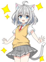 1girl :d animal_ear_fluff animal_ears blue_eyes blush cat_ears cat_girl cat_tail collared_shirt commentary_request cowboy_shot grey_hair grey_skirt highres kotatsu-mazoku looking_at_viewer necktie open_mouth original pleated_skirt red_necktie shirt short_hair short_sleeves simple_background skirt smile solo sparkle sweater_vest tail white_background yellow_sweater_vest