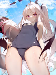 Rule 34 | 1girl, absurdres, ahoge, arm at side, bare legs, black one-piece swimsuit, blue archive, blue sky, blush, closed mouth, cloud, demon wings, expressionless, from below, hair ornament, hair ribbon, hairclip, highres, hina (blue archive), hina (swimsuit) (blue archive), holding, holding swim ring, innertube, long hair, looking at viewer, old school swimsuit, one-piece swimsuit, parted bangs, purple eyes, ribbon, rika (mikunopantsu), school swimsuit, sky, solo, standing, sunlight, swim ring, swimsuit, thighs, twintails, water drop, white hair, wings