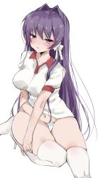 Rule 34 | chigasaki yukari, clannad, covered erect nipples, curvy, fujibayashi kyou, groin, gym uniform, highres, panties, purple hair, simple background, undersized clothes, underwear, white background