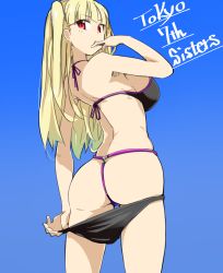 Rule 34 | 1girl, absurdres, ass, bebebe (pepegakii), bikini, bikini pull, black bikini, blonde hair, blue background, blunt bangs, breasts, clothes pull, copyright name, female focus, finger to mouth, from behind, highres, large breasts, long hair, looking at viewer, midriff, red eyes, simple background, solo, swimsuit, thighs, thong, thong bikini, tokyo 7th sisters, twintails, two side up, uesugi u. kyouko, undressing