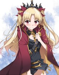 Rule 34 | 1girl, black panties, blonde hair, cape, cleavage cutout, closed mouth, clothing cutout, cowboy shot, earrings, embarrassed, ereshkigal (fate), fate/grand order, fate (series), frown, gold trim, hair ribbon, hand on own chest, jewelry, long hair, looking at viewer, panties, parted bangs, pink eyes, red cape, red ribbon, ribbon, skull, solo, sweat, tohsaka rin, tsuezu, twintails, two-tone background, two side up, underwear, wavy mouth