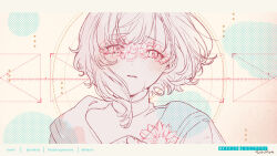 Rule 34 | 1girl, blush, close-up, commentary request, english text, floating hair, flower (symbol), hakoniwalily, honeyworks, looking at viewer, mikkun 04, parted lips, polka dot, polka dot background, sailor collar, school uniform, serafuku, short hair, signature, simple background, solo, translation request