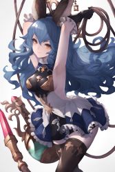Rule 34 | 1girl, animal ears, armpits, arms up, backless outfit, black gloves, blue hair, blush, breasts, brown eyes, brown thighhighs, closed mouth, earrings, erune, ferry (granblue fantasy), frilled gloves, frills, gloves, granblue fantasy, hair between eyes, highres, holding, holding weapon, holding whip, jewelry, long hair, looking at viewer, medium breasts, rabbit ears, sideboob, simple background, single earring, smile, snm (sunimi), solo, thighhighs, wavy hair, weapon, whip, zettai ryouiki
