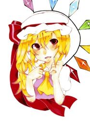 Rule 34 | 1girl, ascot, blonde hair, collared shirt, cropped torso, flandre scarlet, hair between eyes, hat, hat ribbon, head tilt, long hair, looking at viewer, lowres, marker (medium), mikojin (pixiv2713884), one side up, open mouth, pink vest, puffy short sleeves, puffy sleeves, red eyes, red ribbon, ribbon, shirt, short sleeves, simple background, solo, touhou, traditional media, upper body, vest, white background, white shirt, yellow ascot