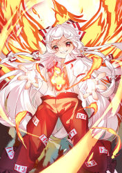 Rule 34 | 1girl, baggy pants, bird, bow, commentary request, feet out of frame, fire, foreshortening, fujiwara no mokou, grin, hair bow, highres, long hair, long sleeves, looking at viewer, natie (latte), ofuda, ofuda on clothes, pants, phoenix, red bow, red eyes, red pants, shirt, smile, solo, suspenders, touhou, two-tone bow, v-shaped eyebrows, very long hair, white bow, white hair, white shirt