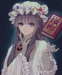 Rule 34 | 1girl, blue bow, blunt bangs, book, bow, bowtie, bun cover, crescent, crescent hat ornament, double bun, hair bow, hair bun, hat, hat bow, hat ornament, highres, long hair, long sleeves, mob cap, nanasuou, patchouli knowledge, purple eyes, purple hair, purple hat, red bow, red bowtie, robe, solo, touhou, very long hair, wide sleeves