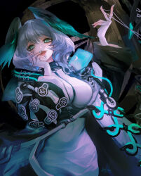 Rule 34 | 1girl, :d, absurdres, aqua nails, arknights, black bra, bra, breasts, cowboy shot, dress, fang, fingerless gloves, fingernails, gloves, grey hair, hand on own face, head wings, highres, ho&#039;olheyak (arknights), hood, hood down, large breasts, lips, long fingernails, long hair, long sleeves, looking at viewer, myluche, nail polish, open mouth, signature, simple background, smile, solo, string, tail, underwear, white dress, white gloves, wings