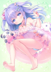Rule 34 | 1girl, bare legs, barefoot, blue eyes, blue hair, blue one-piece swimsuit, blush, casual one-piece swimsuit, commentary, feet, frilled one-piece swimsuit, frilled swimsuit, frills, green background, hair between eyes, highres, innertube, knees together feet apart, long hair, looking at viewer, one-piece swimsuit, original, pacifier, parted lips, soles, solo, stuffed animal, stuffed panda, stuffed toy, stuffed unicorn, swim ring, swimsuit, symbol-only commentary, toes, transparent, two side up, usashiro mani, very long hair, wrist cuffs
