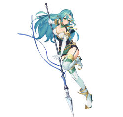 Rule 34 | 1girl, aqua hair, boots, breasts, chloe (fire emblem), cleavage, elbow gloves, fire emblem, fire emblem engage, fire emblem heroes, garter straps, gloves, green eyes, holding, holding polearm, holding weapon, kainown, large breasts, long hair, nintendo, parted lips, polearm, thigh boots, thighs, weapon, white gloves