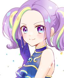 Rule 34 | 1girl, aikatsu! (series), aikatsu planet!, blonde hair, blouse, blue eyes, blue gloves, blue hair, blue shirt, blush, close-up, forehead, from side, gem, gem (symbol), glitter, gloves, green hair, hair intakes, hand on own cheek, hand on own face, hand up, idol, idol clothes, looking at viewer, looking to the side, multicolored eyes, multicolored hair, orange hair, parted bangs, purple eyes, purple hair, ruli (aikatsu planet!), shirt, sidelocks, simple background, sleeveless, sleeveless shirt, smile, smug, solo, streaked hair, tamaki ruli, tiramisu651, twintails, upper body, white background