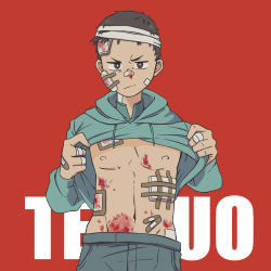 Rule 34 | 1boy, akira (manga), blood, character name, highres, male focus, nipples, red background, shima tetsuo, tagme