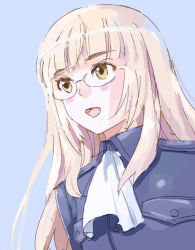 Rule 34 | 1girl, aida yuu, blonde hair, blush, glasses, long hair, open mouth, perrine h. clostermann, smile, solo, strike witches, uniform, world witches series, yellow eyes