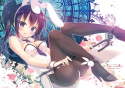 Rule 34 | 1girl, absurdres, animal ears, ass, bare shoulders, between breasts, black footwear, blush, breasts, brown pantyhose, detached collar, fake animal ears, fingernails, gochuumon wa usagi desu ka?, hair between eyes, high heels, highres, holding, holding wand, huge filesize, leotard, long hair, looking at viewer, medium breasts, mitsumomo mamu, necktie, open mouth, pantyhose, playboy bunny, pom pom (clothes), ponytail, purple eyes, purple hair, purple necktie, rabbit ears, rabbit tail, scan, shoes, solo, strapless, strapless leotard, tail, tedeza rize, wand, white leotard, wing collar, wrist cuffs