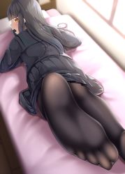 Rule 34 | 1girl, ashihara nayumi, bed, black hair, black pantyhose, black sailor collar, black serafuku, black shirt, black skirt, blunt bangs, blurry, blurry background, blush, brown eyes, commentary request, day, depth of field, feet, fine fabric emphasis, gurande (g-size), highres, leg up, long hair, looking at viewer, looking back, lying, no shoes, on bed, on stomach, open mouth, original, pantyhose, pillow, pleated skirt, sailor collar, school uniform, serafuku, shirt, skirt, soles, solo, sunlight, toes, window