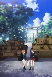 Rule 34 | 10s, 2girls, anglerfish, black legwear, boots, caterpillar tracks, cloud, day, emblem, fish, garrison cap, girls und panzer, hand on own chin, hand on own elbow, hat, highres, itou takeshi, jacket, long sleeves, military, military uniform, military vehicle, miniskirt, motor vehicle, multiple girls, nishizumi maho, nishizumi miho, non-web source, official art, open mouth, outdoors, own hands together, panzer iv, panzer iv, pleated skirt, power lines, shade, siblings, sisters, skirt, sky, smile, socks, standing, tank, tiger i, torii, uniform, vehicle, white skirt