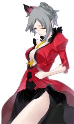 Rule 34 | 1girl, between breasts, breasts, caladrius, center opening, cleavage, dress, grey hair, milia marivene, necktie, necktie between breasts, official art, open clothes, red dress, red eyes, ribbon, simple background, skirt, solo, thighs, torn clothes, torn skirt, yasuda suzuhito