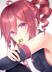 Rule 34 | 1girl, arms on knees, bare shoulders, belt, black legwear, black shirt, black sleeves, breast pocket, commentary, detached sleeves, drill hair, from side, hand on own arm, kasane teto, knees up, looking at viewer, looking to the side, meme, mouth hold, pocket, red eyes, red hair, shirt, short hair, sleeveless, sleeveless shirt, solo, twin drills, upper body, utau, white background, xaruex