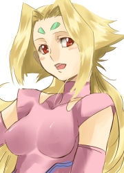 Rule 34 | 1girl, blonde hair, blush, breasts, facial mark, fiona (zoids), forehead mark, long hair, nana g, red eyes, simple background, solo, zoids, zoids chaotic century