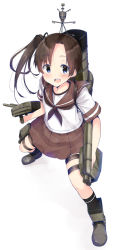 Rule 34 | 10s, 1girl, :d, ankle boots, antennae, armor, armored boots, asymmetrical hair, ayanami (kancolle), backpack, bag, black socks, blue eyes, boots, brown skirt, cannon, full body, highres, kantai collection, machinery, masamuuu, open mouth, pleated skirt, school uniform, serafuku, shirt, short sleeves, side ponytail, skirt, smile, socks, solo, standing, thigh strap, turret, white background, white shirt