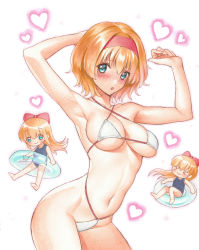 Rule 34 | &gt; &lt;, 1girl, alice margatroid, alternate costume, armpits, arms up, bikini, blonde hair, blue eyes, blush, breasts, cleavage, commentary, contrapposto, cowboy shot, criss-cross halter, embarrassed, furrowed brow, hair between eyes, hairband, halterneck, heart, highres, kuwa analog, large breasts, looking at viewer, marker (medium), micro bikini, navel, open mouth, red hairband, shanghai doll, short hair, simple background, skindentation, solo, standing, stomach, string bikini, swimsuit, touhou, traditional media, white background, white bikini