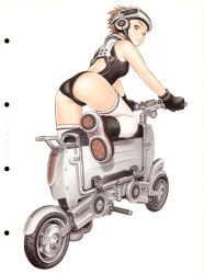 Rule 34 | 1girl, ass, bicycle, black gloves, brown hair, futurhythm, gloves, highres, leotard, mecha, motor vehicle, motorcycle, murata range, one-piece swimsuit, original, robot, science fiction, scooter, shoes, short hair, solo, swimsuit, thighhighs, vehicle, visor
