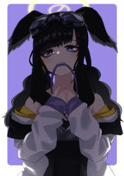 Rule 34 | 1girl, akimitsu611, animal ears, bare shoulders, black hair, blue archive, blush, collar, dog ears, dog girl, eyewear on head, goggles, goggles on head, hair ornament, halo, hibiki (blue archive), hickey, highres, holding, holding collar, jacket, long hair, long sleeves, looking at viewer, mouth hold, off-shoulder jacket, off shoulder, purple background, purple eyes, shirt, solo, unworn collar, upper body