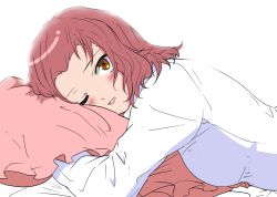 Rule 34 | 1girl, backlighting, bed sheet, blush, brown eyes, commentary, dress shirt, frilled pillow, frills, girls und panzer, highres, long sleeves, looking at viewer, lying, medium hair, hugging object, on bed, on stomach, one eye closed, open mouth, pillow, pillow hug, red hair, rosehip (girls und panzer), shirt, smile, solo, waking up, white background, white shirt, zono (inokura syuzo029)