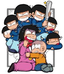 Rule 34 | angry, baseball bat, blue shirt, bow, bowtie, brothers, buttons, chibita, child, clenched hand, crossed arms, evil grin, evil smile, grin, heart, heart in mouth, holding, holding baseball bat, hug, iyami, male focus, matsuno choromatsu, matsuno ichimatsu, matsuno jyushimatsu, matsuno karamatsu, matsuno osomatsu, matsuno todomatsu, orange shirt, osomatsu-kun, red bow, red bowtie, sextuplets, shirt, siblings, squeans, sleeping, smile, tearing up, tsubuta hiro, turn pale